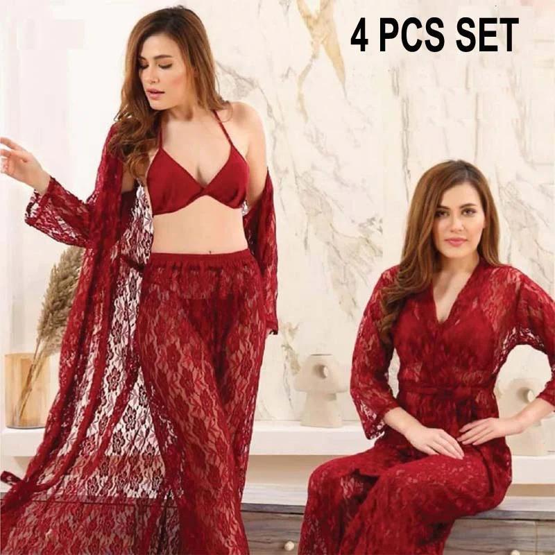 Maroon Embossed Net Nightwear Set
