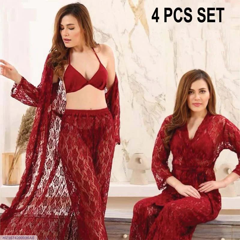Maroon Embossed Net Nightwear Set